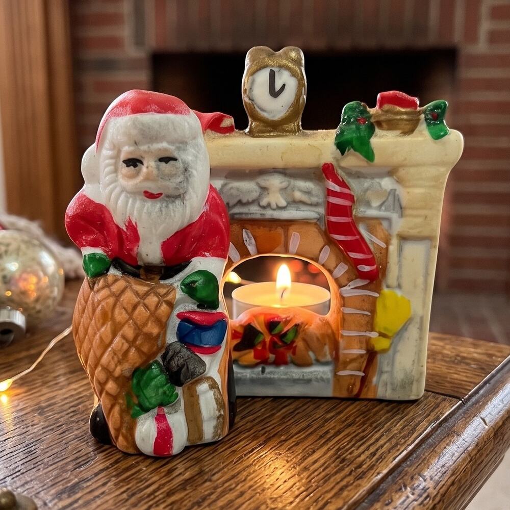 Vintage Santa Tealight Candle Holder Christmas Fireplace Ceramic Holiday Decor